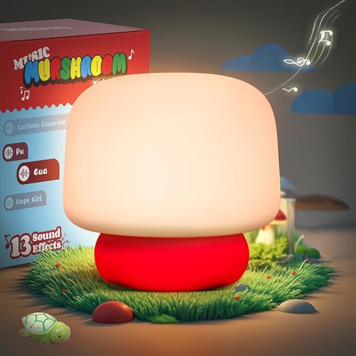 Mushroom Night Light for Kids with 13 Sound Effects Cute Mushroom Decor, Squishy Nursery Mushroom Lamp with Timer for Gift