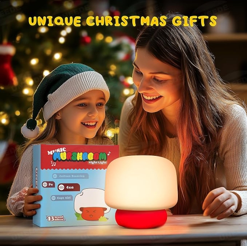 Mushroom Night Light for Kids with 13 Sound Effects Cute Mushroom Decor, Squishy Nursery Mushroom Lamp with Timer for Gift