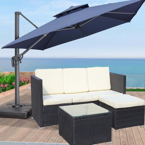 3 Pieces Patio Furniture Set with Cushions, PE Rattan Wicker Conversation Corner Sofa with Table and Adjustable Foot for Garden, Lawn, Cream White