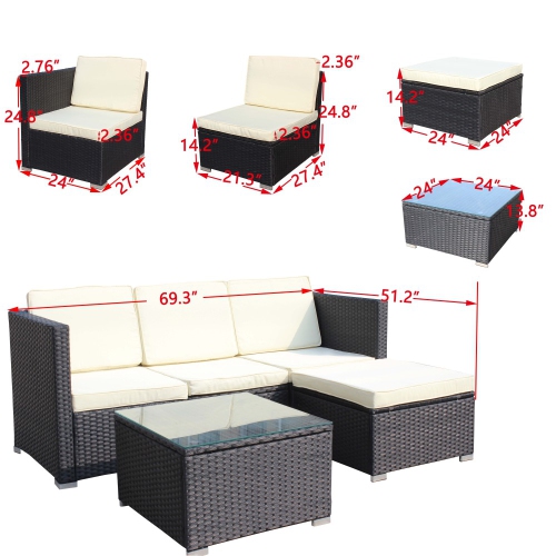3 Pieces Patio Furniture Set with Cushions, PE Rattan Wicker Conversation Corner Sofa with Table and Adjustable Foot for Garden, Lawn, Cream White