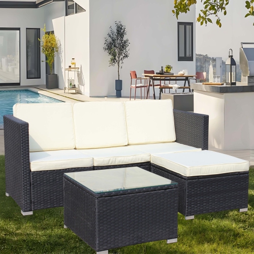 3 Pieces Patio Furniture Set with Cushions, PE Rattan Wicker Conversation Corner Sofa with Table and Adjustable Foot for Garden, Lawn, Cream White
