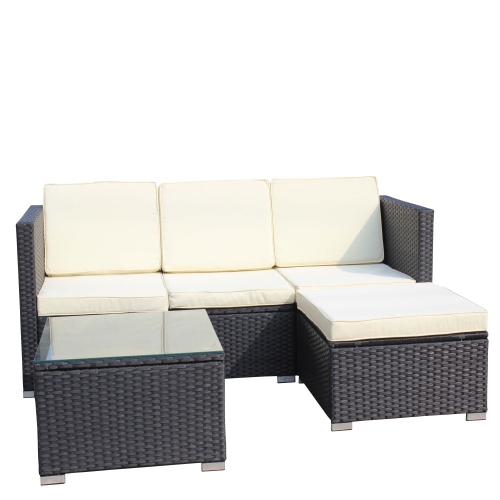 3 Pieces Patio Furniture Set with Cushions, PE Rattan Wicker Conversation Corner Sofa with Table and Adjustable Foot for Garden, Lawn, Cream White