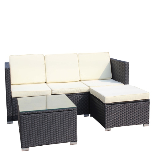 3 Pieces Patio Furniture Set with Cushions, PE Rattan Wicker Conversation Corner Sofa with Table and Adjustable Foot for Garden, Lawn, Cream White
