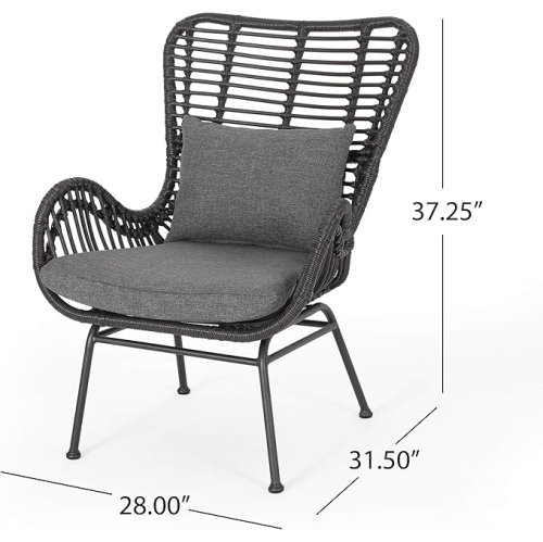 YOULIGHTS Outdoor Wicker Metal Club Chair, Woven Rattan Chair with Gray Cushions and Steel Legs for Porch, Backyard and Outdoors