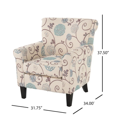 YOULIGHTS Fauteuil club floral en tissu, fauteuil rembourré avec accoudoirs et pattes en bouleau bouleau, fleurs bleues, pour les salons, petits