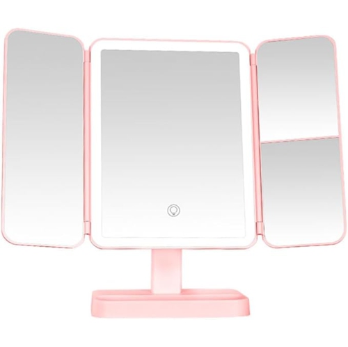 Vanity Mirror with Lights, 2X 3X 10X Magnification, Touch Control, Trifold Makeup Mirror, Dual Power Supply, Portable LED Vanity Mirror(Pink)