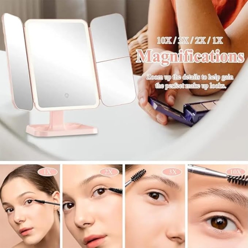 Vanity Mirror with Lights, 2X 3X 10X Magnification, Touch Control, Trifold Makeup Mirror, Dual Power Supply, Portable LED Vanity Mirror(Pink)