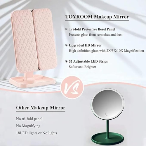 Vanity Mirror with Lights, 2X 3X 10X Magnification, Touch Control, Trifold Makeup Mirror, Dual Power Supply, Portable LED Vanity Mirror(Pink)