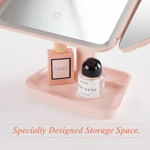 Vanity Mirror with Lights, 2X 3X 10X Magnification, Touch Control, Trifold Makeup Mirror, Dual Power Supply, Portable LED Vanity Mirror(Pink)