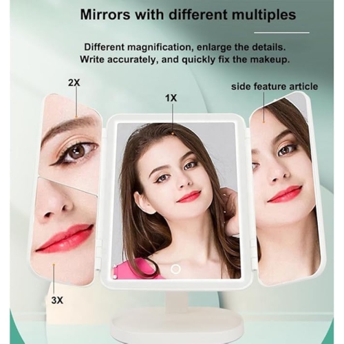 Vanity Mirror with Lights, 2X 3X 10X Magnification, Touch Control, Trifold Makeup Mirror, Dual Power Supply, Portable LED Vanity Mirror(Pink)
