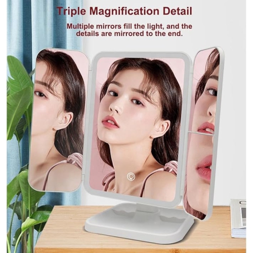 Vanity Mirror with Lights, 2X 3X 10X Magnification, Touch Control, Trifold Makeup Mirror, Dual Power Supply, Portable LED Vanity Mirror(White)