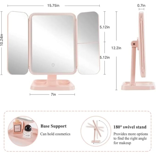 Vanity Mirror with Lights, 2X 3X 10X Magnification, Touch Control, Trifold Makeup Mirror, Dual Power Supply, Portable LED Vanity Mirror(White)
