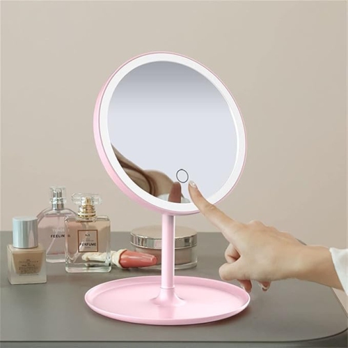 Vanity Mirror Lights Makeup Mirror with Light Lamp with Storage Desktop Rotating Cosmetic Adjustable Dimming Vanity Mirrors(Pink)