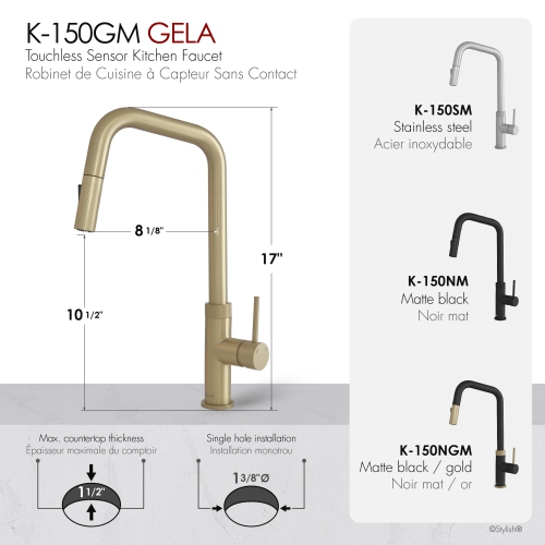 Single Handle Brushed Gold Pull Down Touchless Kitchen Faucet K-150GM