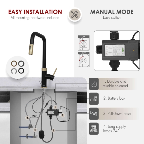 Single Handle Matte Black with Gold Pull Down Touchless Kitchen Faucet K-150NGM