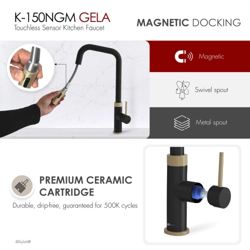 Single Handle Matte Black with Gold Pull Down Touchless Kitchen Faucet K-150NGM