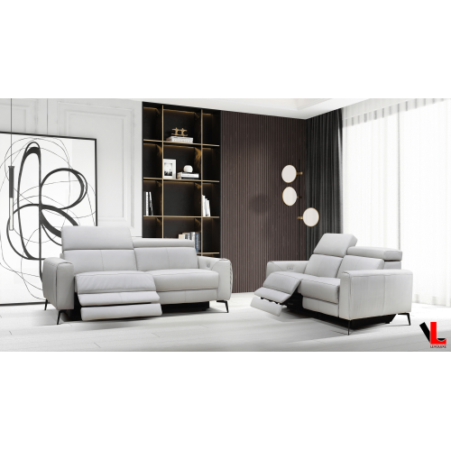Levoluxe Lennox 2 Piece Power Reclining Sofa and Loveseat Set with Adjustable Headrests in Light Grey Leather Match