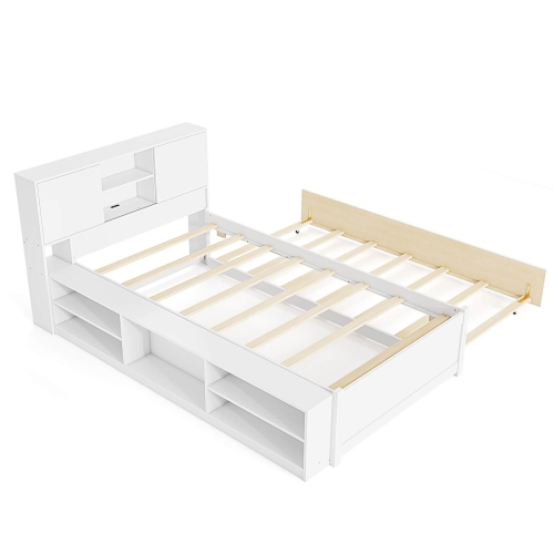 Costway Twin Size Bed Frame with Trundle & Power Outlet Bookcase Headboard Sliding Doors