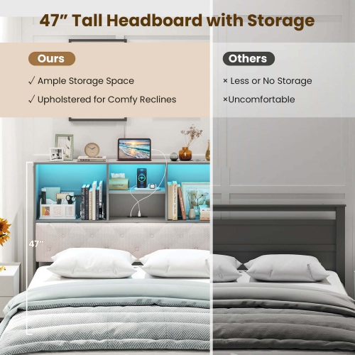 Cadre de lit double avec tête de lit bibliothèque de Costway – Lit avec rangement et LED gris clair