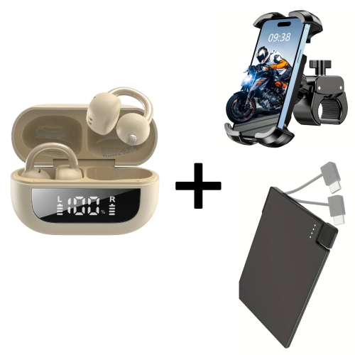 Lightweight Wireless Ear Clip Headset with 40H Playtime, Smart Display, Ultra-Thin Portable Power Bank, and Heavy-Duty Motorcycle/Bike Phone Mount