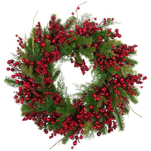 Cedar, Pine and Red Berries Artificial Christmas Wreath - 28" - Unlit