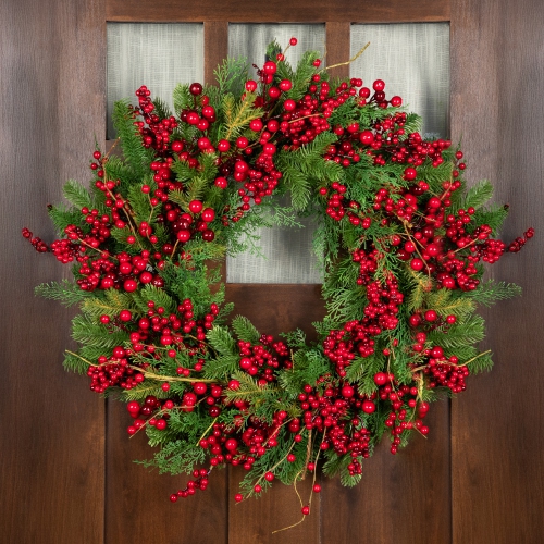 Cedar, Pine and Red Berries Artificial Christmas Wreath - 28" - Unlit