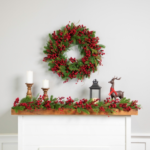 Cedar, Pine and Red Berries Artificial Christmas Wreath - 28" - Unlit