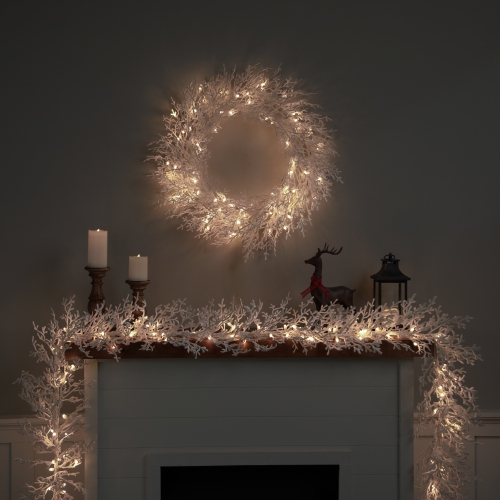 Pre-Lit Flocked Twig Artificial Christmas Wreath - 30" - LED Warm White Lights