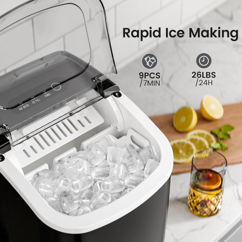 Kismile Ice Makers Countertop, 26Lbs/24H,9 Bullet Ice Ready in 7 Mins, Self-Cleaning Ice Maker with Ice Scoop and Basket for Home Office Kitchen -
