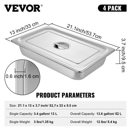VEVOR 4 Pack Steam Table Pans 20.9 x 12.8 x 3.9 Inch Deep Steam Table Pan Full Size 13L Deep Food Container Stainless Steel Oven Tray Hotel Pans
