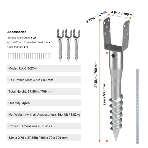 VEVOR No Dig Ground Anchor, 4 Pack 3.94 x 2.76 x 27.56 in DIY Screw in Post Stake, Includes 6 Lag Bolts & a Rebar, U-Shape Heavy Duty Steel Post