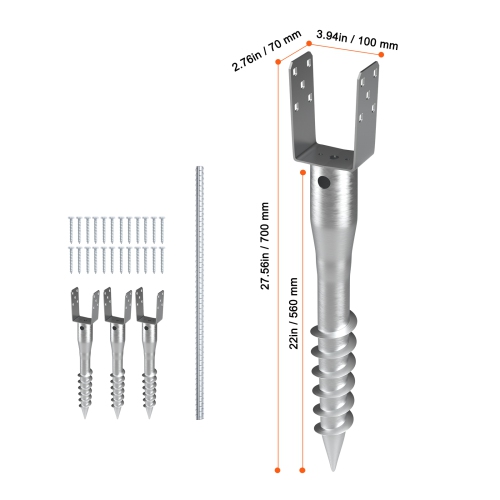 VEVOR No Dig Ground Anchor, 4 Pack 3.94 x 2.76 x 27.56 in DIY Screw in Post Stake, Includes 6 Lag Bolts & a Rebar, U-Shape Heavy Duty Steel Post