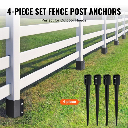 VEVOR Fence Post Anchor Ground Spike, 4 Pack 36 x 4 x 4 Inches Outer Diameter, Metal Black Powder Coated Post Stake Ground, for Deck Garden Railing