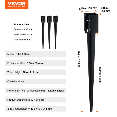 VEVOR Fence Post Anchor Ground Spike, 4 Pack 36 x 4 x 4 Inches Outer Diameter, Metal Black Powder Coated Post Stake Ground, for Deck Garden Railing