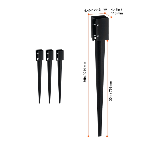 VEVOR Fence Post Anchor Ground Spike, 4 Pack 36 x 4 x 4 Inches Outer Diameter, Metal Black Powder Coated Post Stake Ground, for Deck Garden Railing