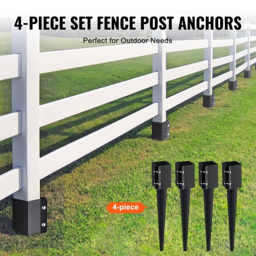 VEVOR Fence Post Anchor Ground Spike, 4 Pack 24 x 4 x 4 Inches Outer Diameter, Metal Black Powder Coated Post Stake Ground, for Deck Garden Railing