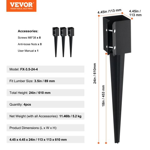 VEVOR Fence Post Anchor Ground Spike, 4 Pack 24 x 4 x 4 Inches Outer Diameter, Metal Black Powder Coated Post Stake Ground, for Deck Garden Railing