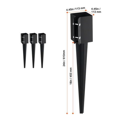 VEVOR Fence Post Anchor Ground Spike, 4 Pack 24 x 4 x 4 Inches Outer Diameter, Metal Black Powder Coated Post Stake Ground, for Deck Garden Railing