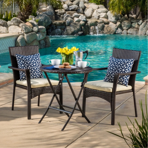 YOULIGHTS  Round Outdoor Dining Set Bistro Set 3PCs With Water-Resistant Cushions And Foldable Table - Metal And Wicker Patio Furniture