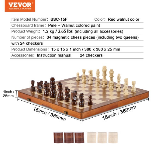 VEVOR 15 inch 2-IN-1 Magnetic Wooden Chess Set, Chess Checkers Game Set, Folding Chess Board Games for Adults Kids, 2 Queens Portable Travel Gift