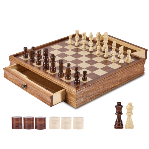 VEVOR  15 Inch 2-In-1 Solid Wood Chess Set, Chess Checkers Game Set, Chess Board Games With Storage Drawer & Weighted Chess Checkers Pieces & 2 Queens