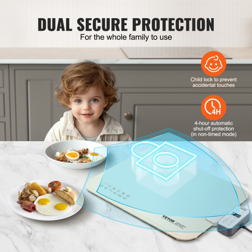 VEVOR Electric Warming Tray, Food Warming Mat, Rollable & Portable Silicone Food Warmer with 4 Adjustable Temperature Settings, Auto Shut-Off & Child