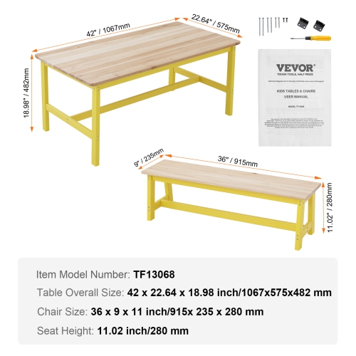Ensemble avec table et banc pour enfants VEVOR, ensemble de 3 tables et chaises pour tout-petits, table d'activités en bois pour l'art, le bricolage,