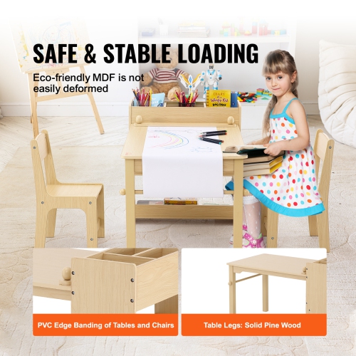 VEVOR 2-in-1 Kids Art Table and 2 Chairs, Toddler Craft and Play Activity Table, Wood Toddler Table and Chair Set with A Cabinet for Art, Craft,