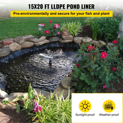 VEVOR 15x20 ft LLDPE Pond Liner, Pond Liner 20 Mil, Fish Pond Liners for Waterfall, Pond and Fish Pond