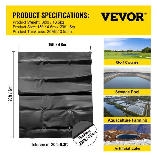 VEVOR 15x20 ft LLDPE Pond Liner, Pond Liner 20 Mil, Fish Pond Liners for Waterfall, Pond and Fish Pond