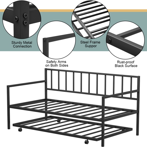 Topbuy Twin Size Steel Daybed &roll-out Trundle Frame Set w/ Casters
