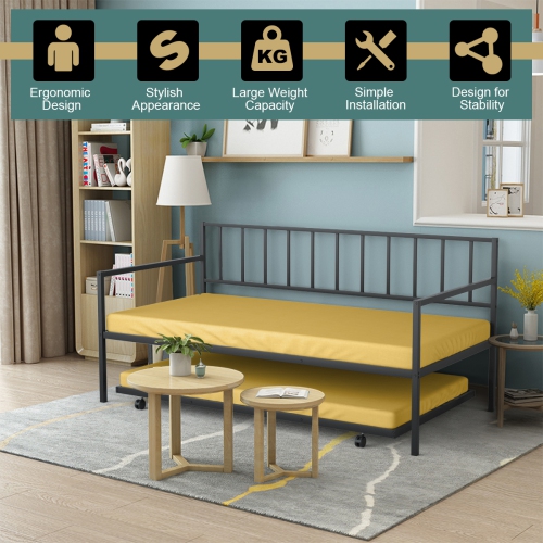 Topbuy Twin Size Steel Daybed &roll-out Trundle Frame Set w/ Casters