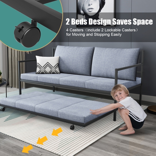 Topbuy Twin Size Steel Daybed &roll-out Trundle Frame Set w/ Casters