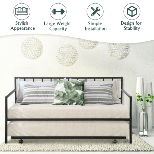 Topbuy Twin Size Steel Daybed &roll-out Trundle Frame Set w/ Casters